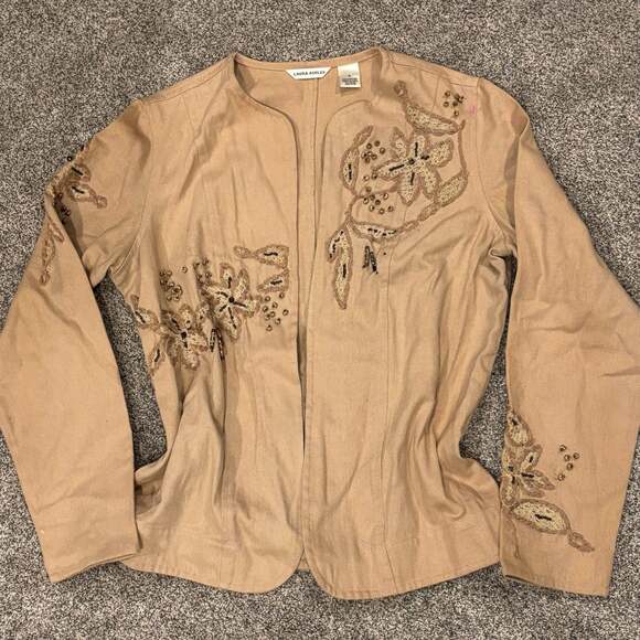 Laura Ashley Jackets & Blazers - Laura Ashley Embroidered Beaded Linen Jacket Tan Size S